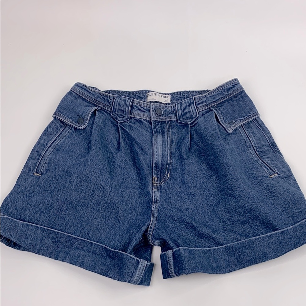 FP We The Free Denim Blue Retro Shorts Size 28 Stretch Zip button pockets